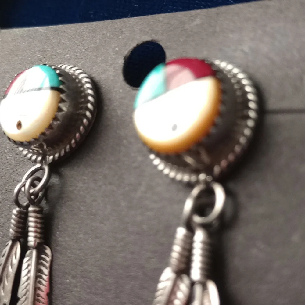 Sterling Silver Feather Earrings with SunFace Multicolor Inlay Studs Signed PH - Picture 14 of 15